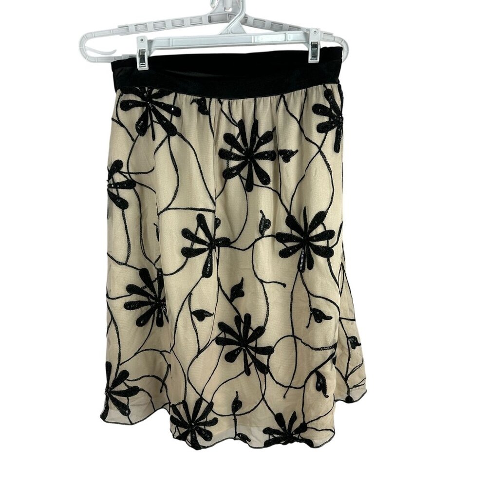 Maternal America Black Beige Floral Overlay Maternity Skirt Small Layered Midi
